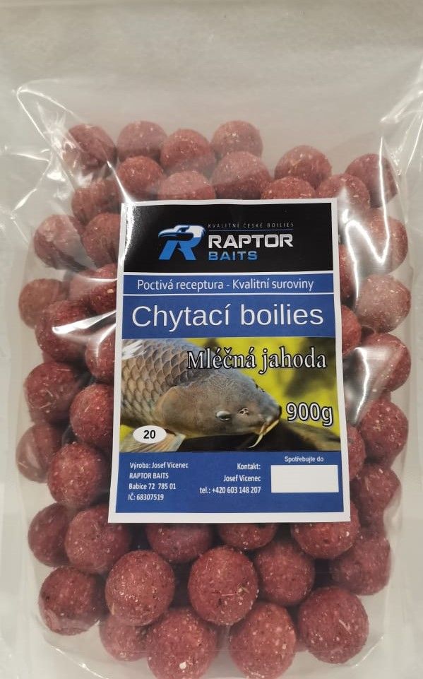 Chytací boilies Mléčná jahoda 900g raptor